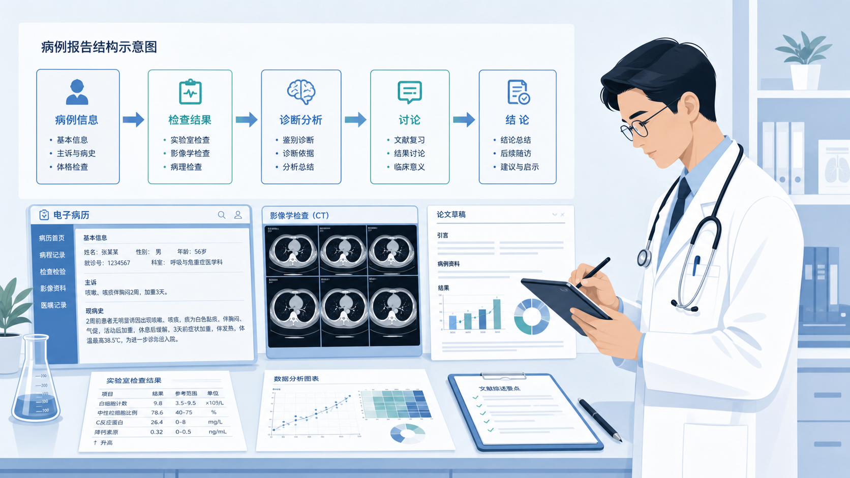 一位临床医生在病历、影像学检查和论文草稿之间做整合分析,背景包含病例报告结构示意图