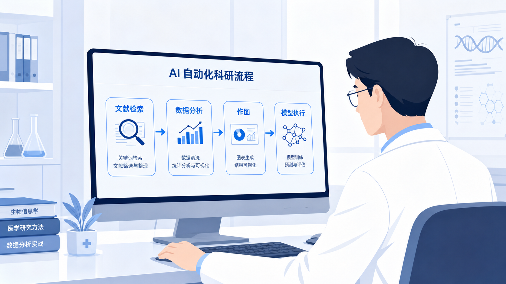 一位科研人员在电脑前查看AI自动化科研流程图，画面包含文献检索、数据分析、作图和模型执行模块，整体风格专业、简洁。