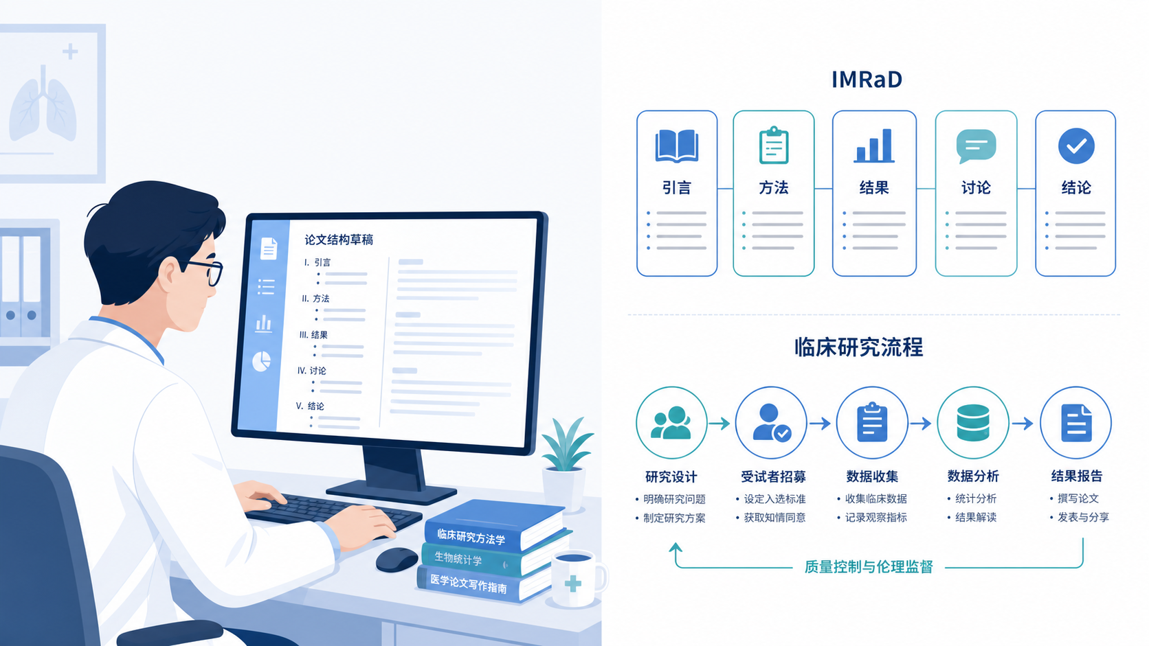 一位医生在电脑前整理论文框架,旁边展示IMRaD结构示意图和临床研究流程图
