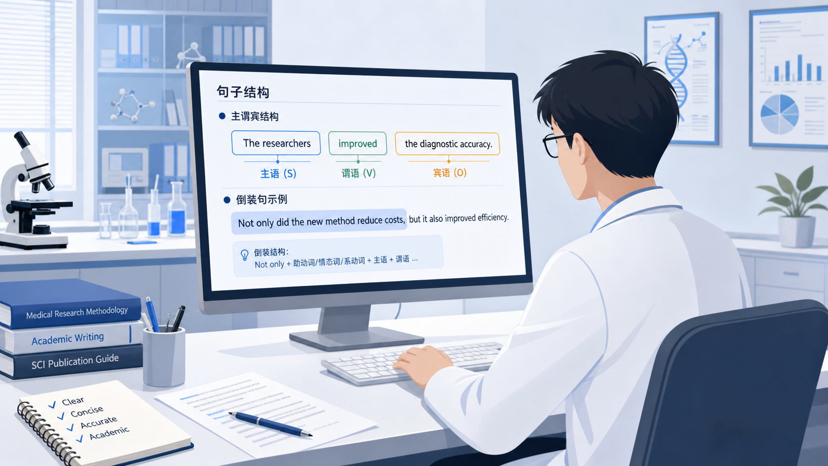 科研人员在电脑前修改SCI论文,屏幕上显示英文句子结构示意图和高亮的倒装句示例。