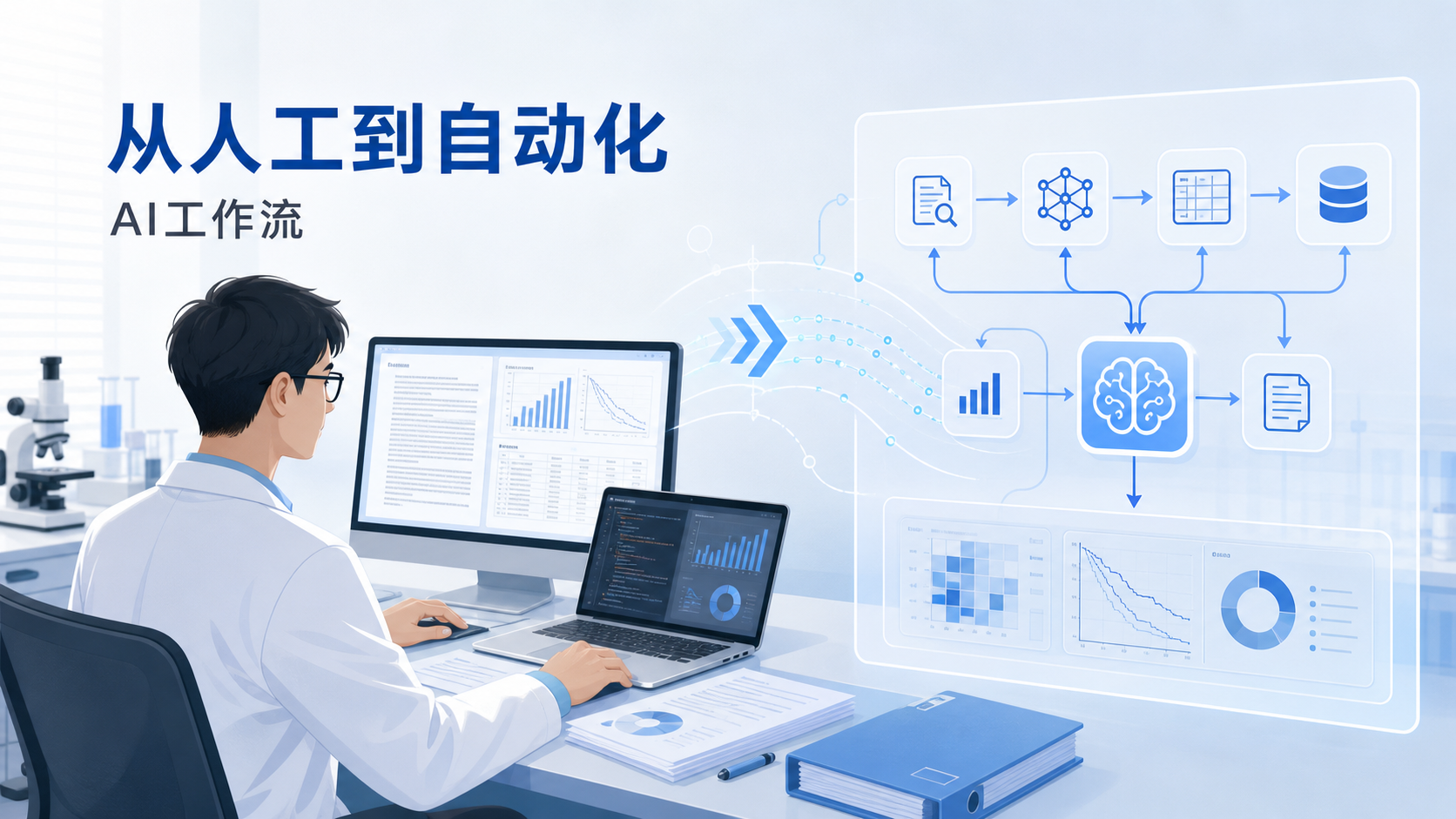 科研人员在电脑前处理文献、方案和数据分析流程，旁边叠加AI工作流界面示意图，突出“从人工到自动化”的转变。