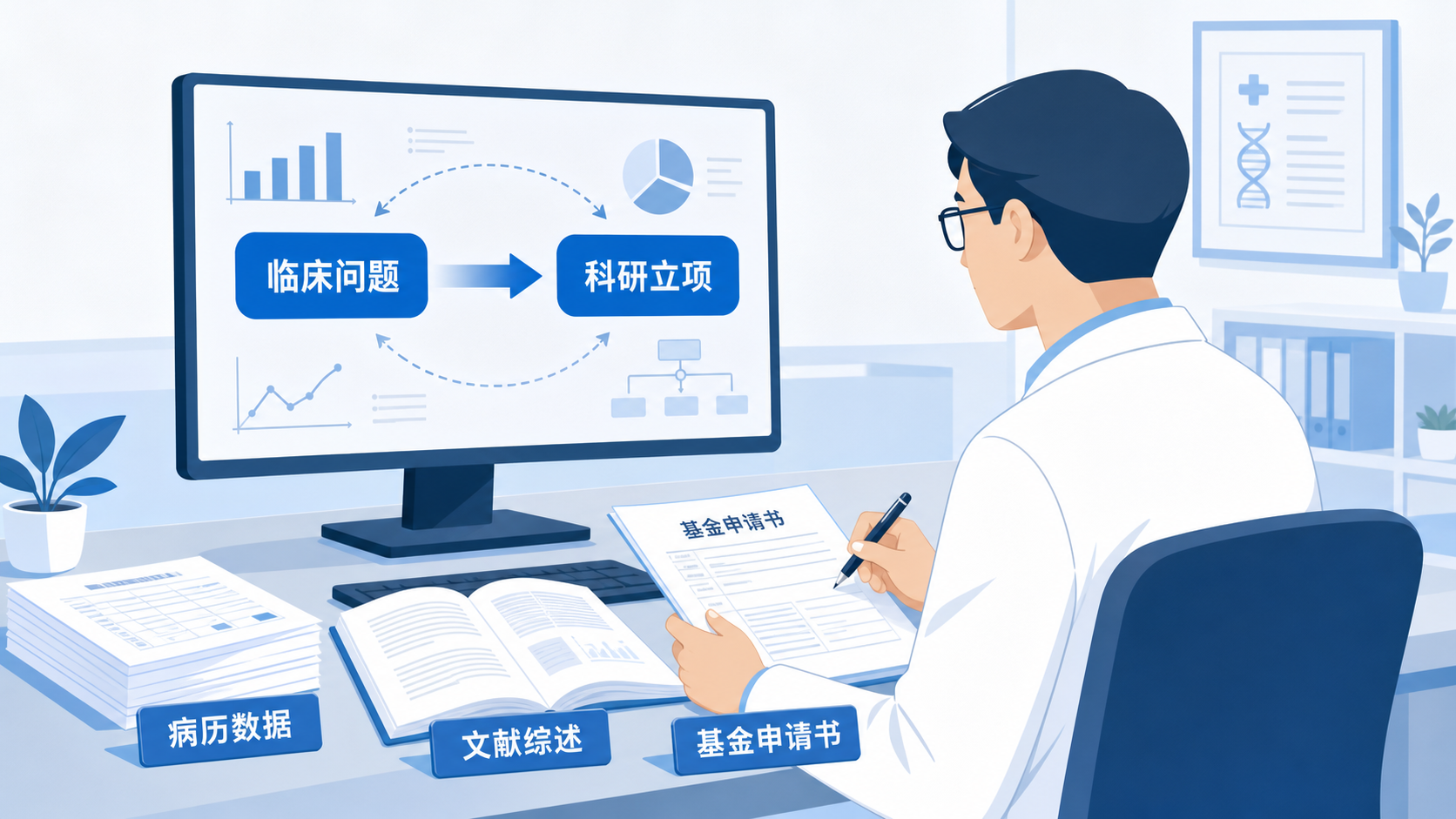 一位临床医生在电脑前对照病历数据、基金申请书和文献综述,画面强调“临床问题到科研立项”的转换过程。