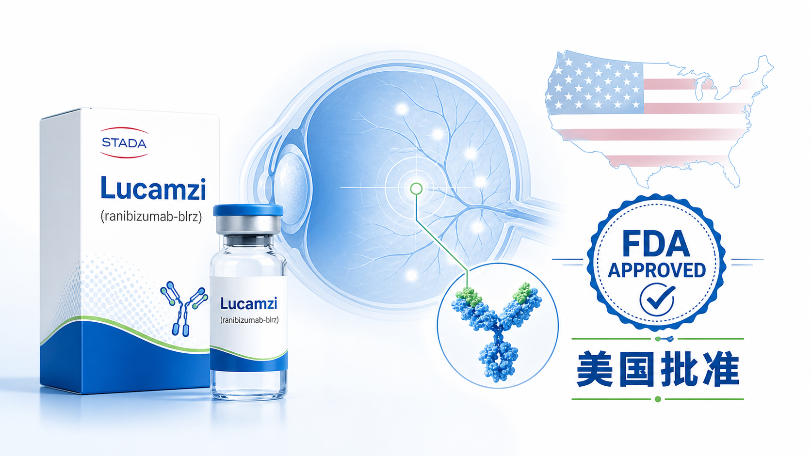 STADA 宣布其雷珠单抗生物类似药 Lucamzi（ranibizumab-blrz）获得美国 FDA 批准，用于治疗新生血管性湿性年龄相关性黄斑变性（wAMD）等多种视网膜血管疾病。该药基于一项 582 例 wAMD 患者的 III 期临床研究证实与原研药 Lucentis 疗效等效、安全性相当，有望以更低价格为美国眼科患者提供新的抗 VEGF 治疗选择。