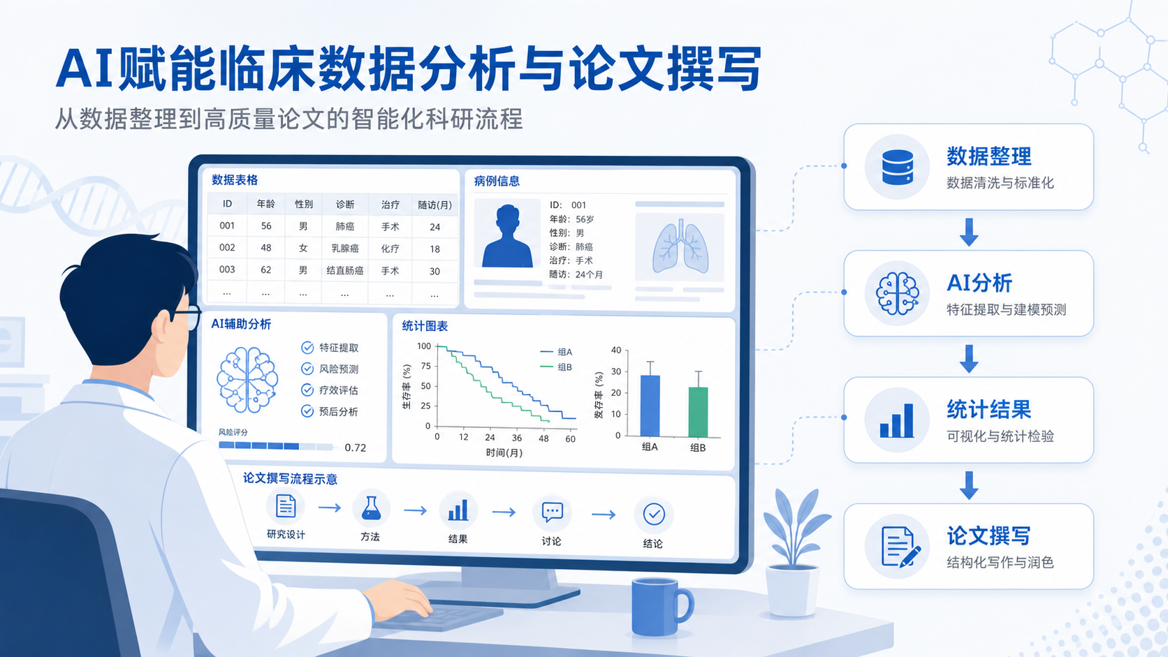 科研人员在电脑前处理临床数据，旁边展示AI辅助分析、统计图表和论文写作流程的示意图