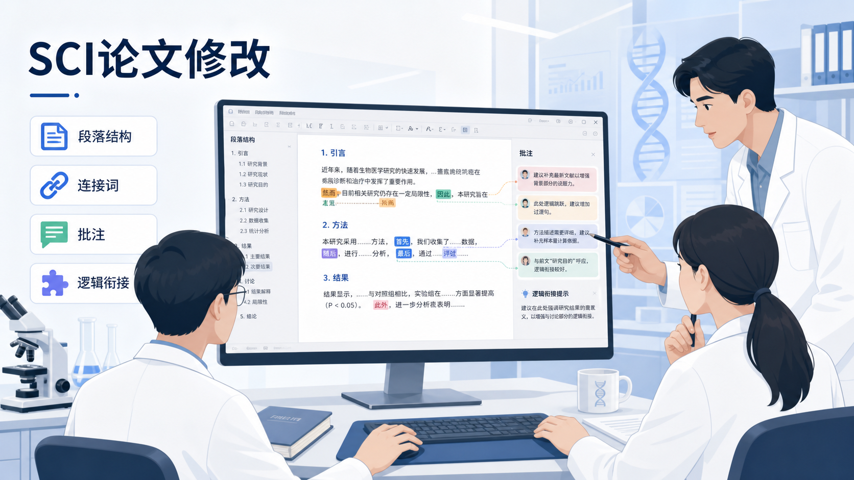 科研人员在电脑前修改SCI论文,屏幕上显示段落结构、连接词和论文批注,强调逻辑衔接与学术写作场景