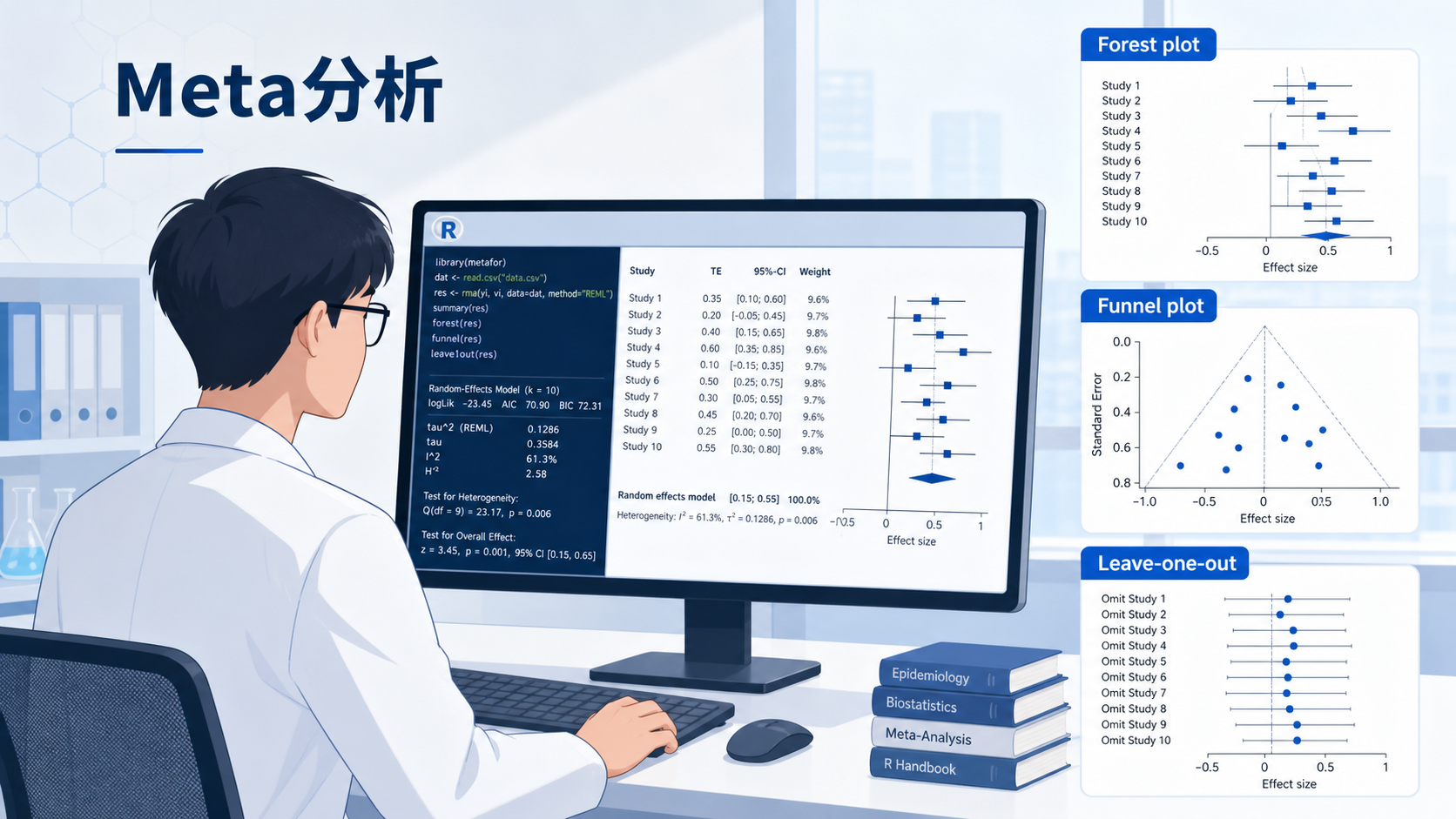 科研人员在电脑前使用R语言分析Meta数据，旁边展示森林图、漏斗图和留一法结果示意图