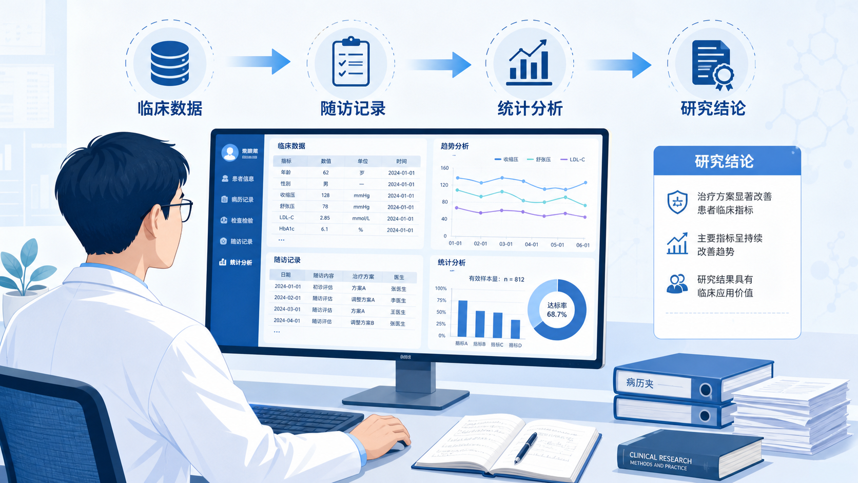 一位临床医生在电脑前查看电子病历、随访表和统计图，桌面上放着病历夹与文献资料，突出“从临床数据到科研选题”的场景