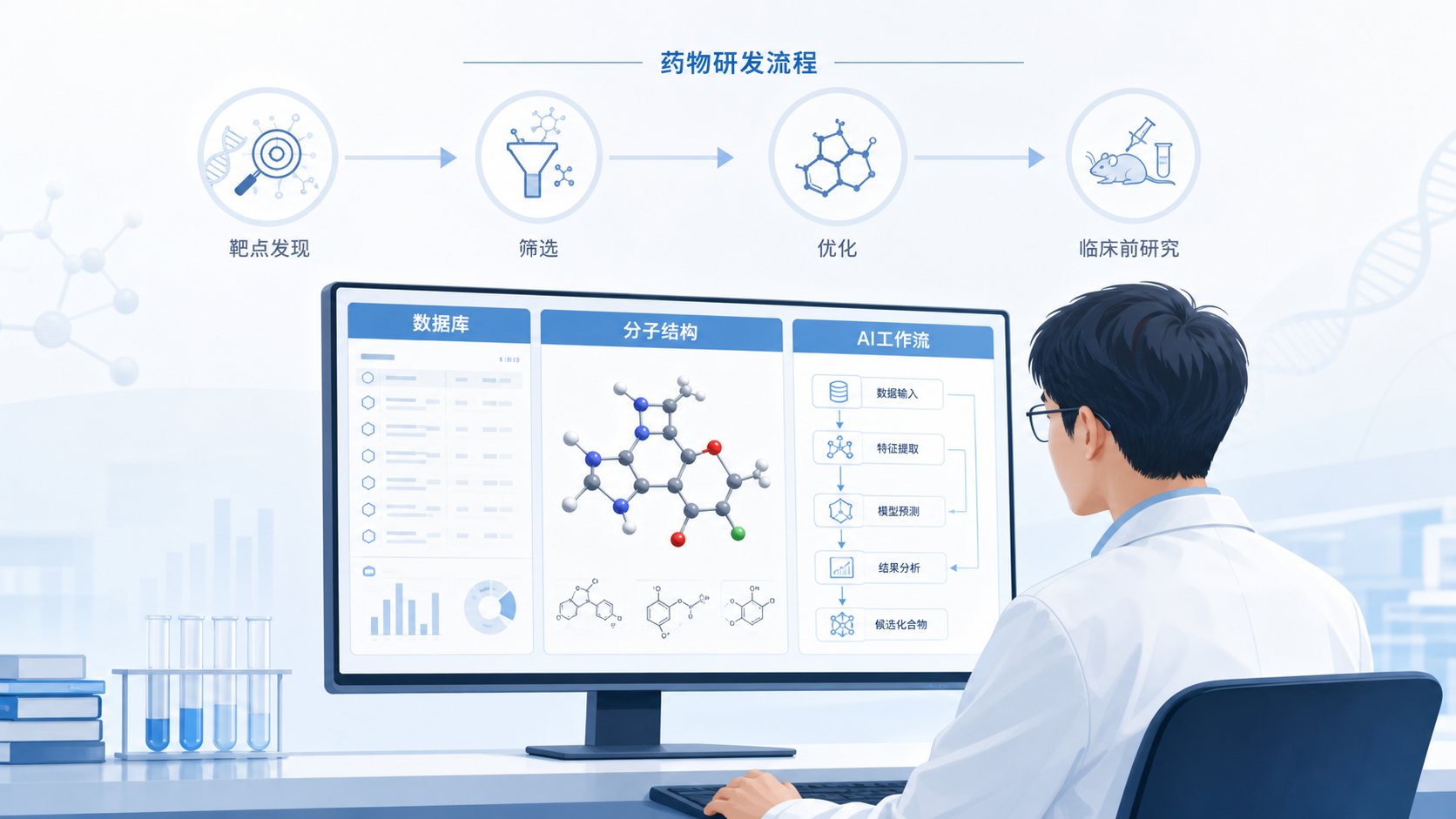 一位科研人员在电脑前同时打开数据库、分子结构图和AI工作流界面，背景呈现药物研发流程链条。