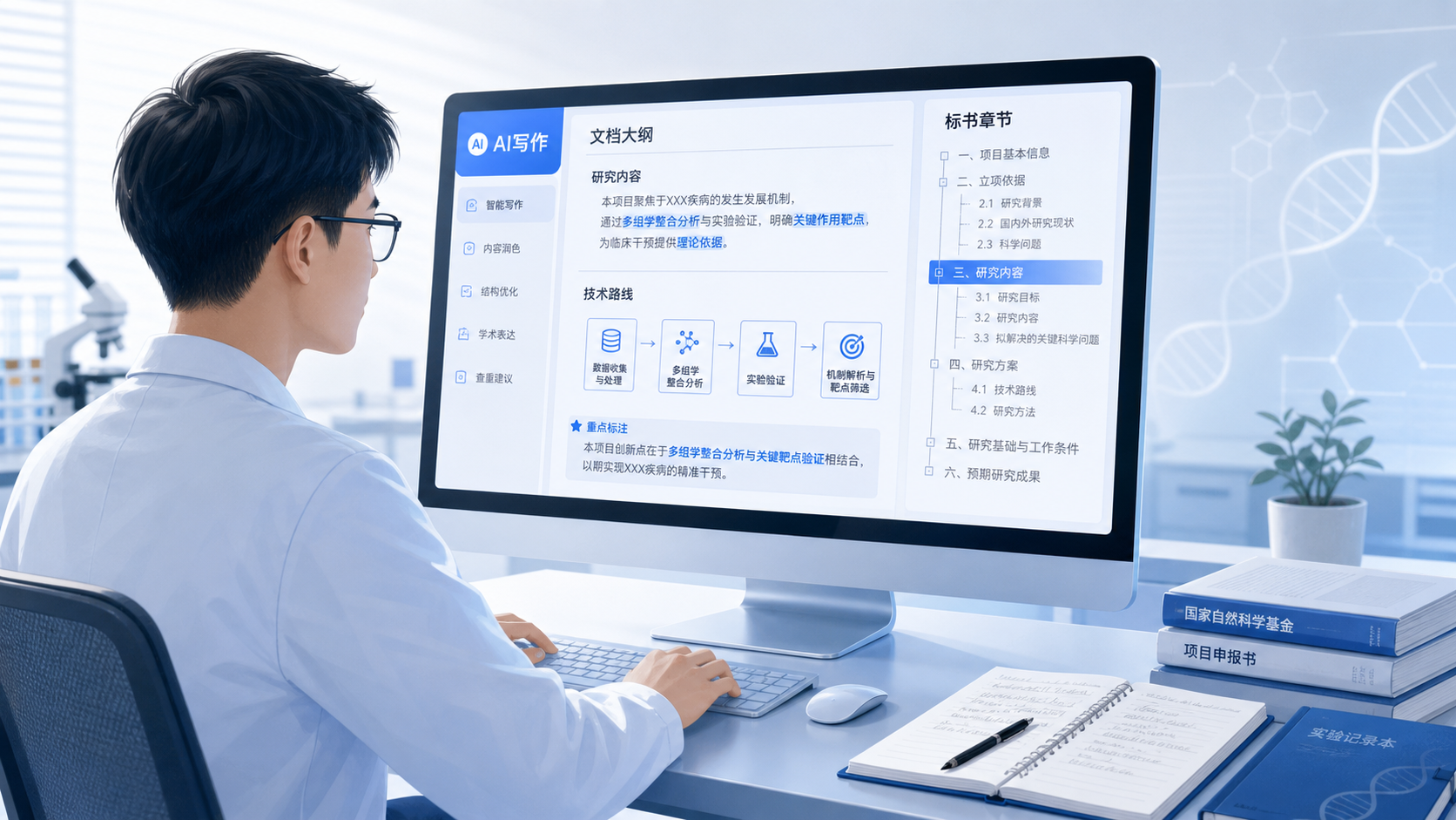 一位科研人员在电脑前整理国自然标书，屏幕上显示AI写作界面、文档大纲和标书章节结构，画面风格专业简洁。