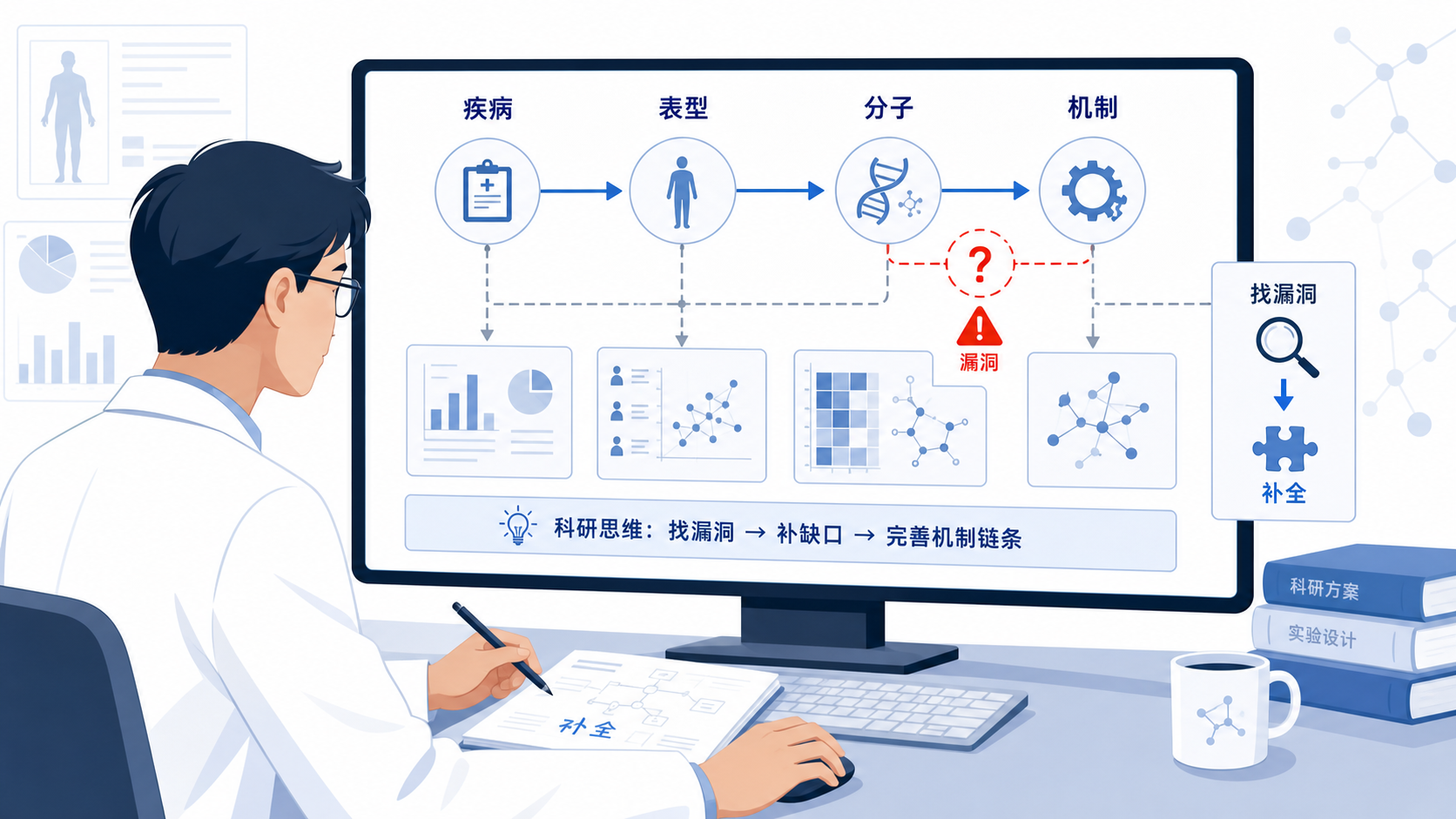 一位医生在电脑前修改科研方案,屏幕上显示疾病、表型、分子、机制的逻辑链条示意图,突出“找漏洞、补逻辑”的科研场景