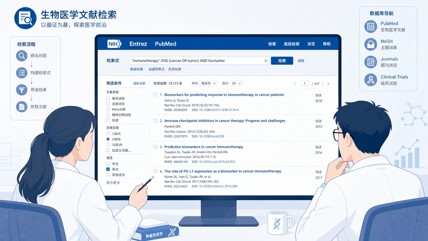 医学生和科研人员在电脑前使用生物医学文献检索界面,屏幕显示Entrez、PubMed、检索式和文献列表的流程图