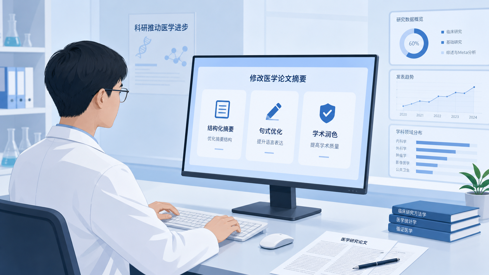 一位科研人员在电脑前修改医学论文摘要，旁边显示结构化摘要、句式优化和学术润色的标注界面