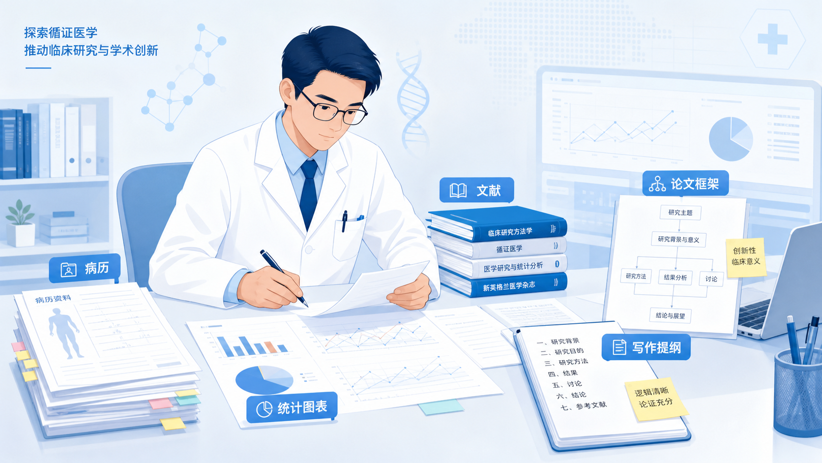 一位临床医生在整理病历、文献和论文框架，旁边有病例资料、统计图表和写作提纲，画面专业、简洁。